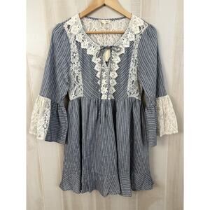 RYU Babydoll Dress Women’s Sz M Gray & White Stripes Lacey Cottagecore Y2K
